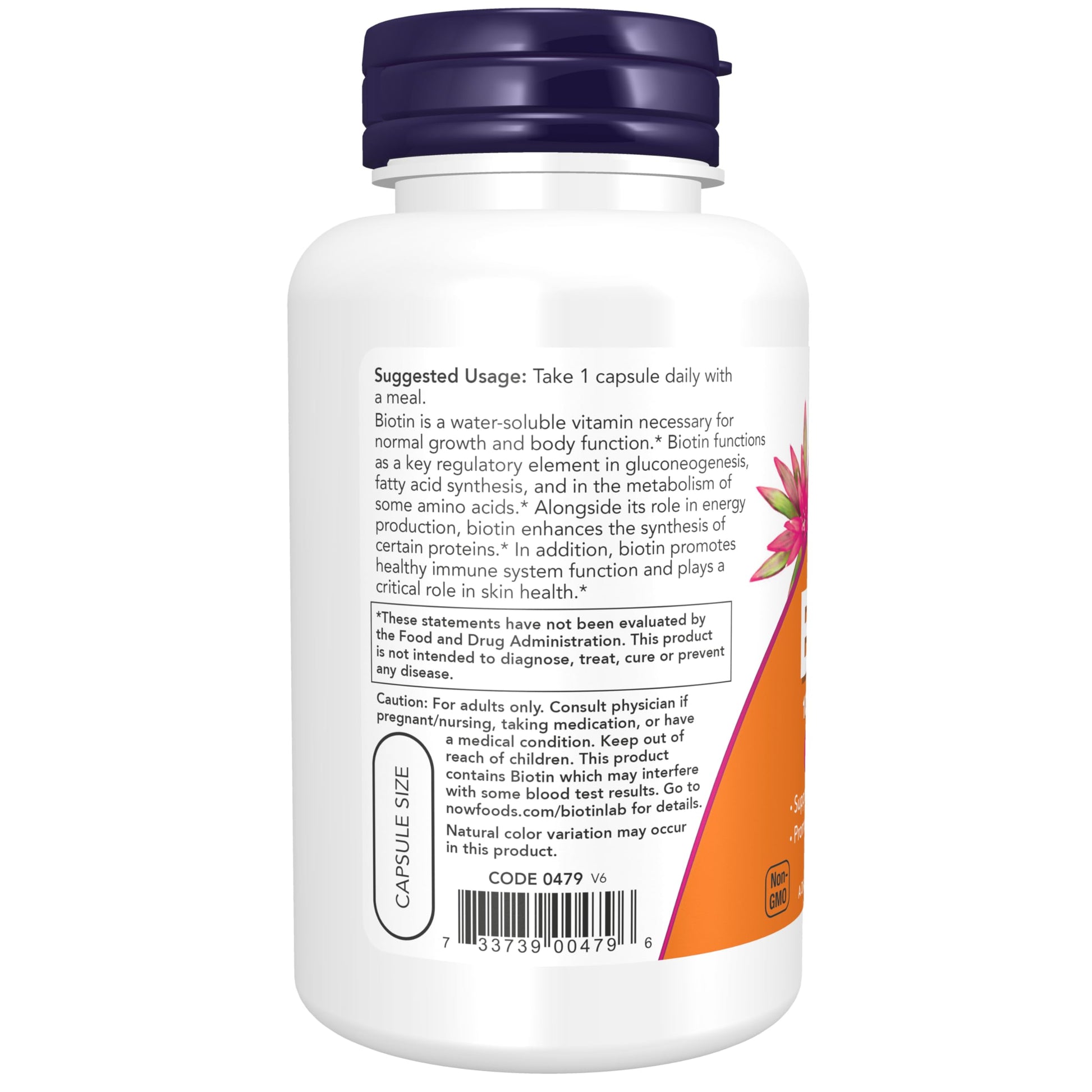 Side angle of NOW Foods 120 vegetarian capsules biotin container showing allergen free labels