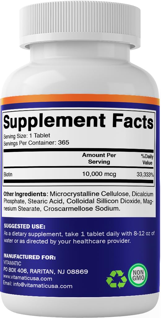 Back label of Vitamatic biotin tablets showing GMP quality assured manufacturing