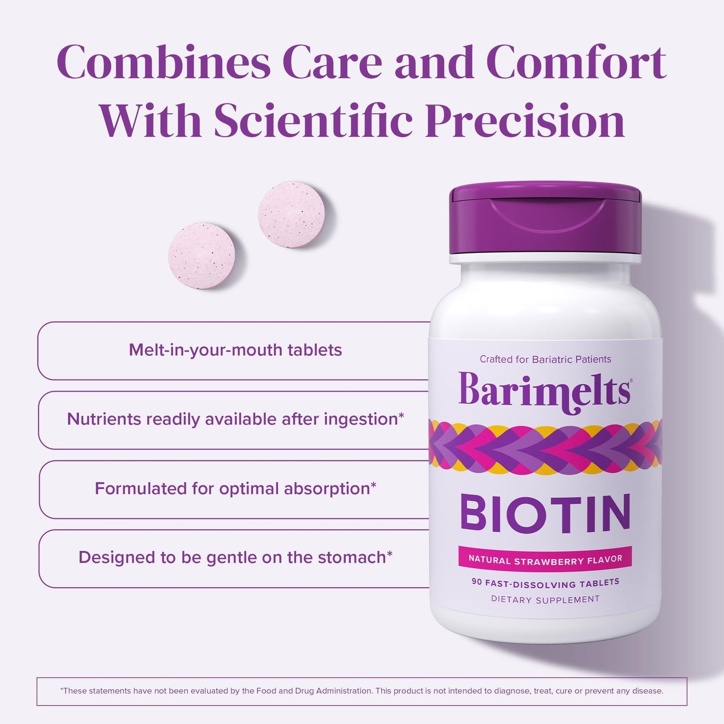 BariMelts strawberry flavor biotin tablets container showing clean ingredients list