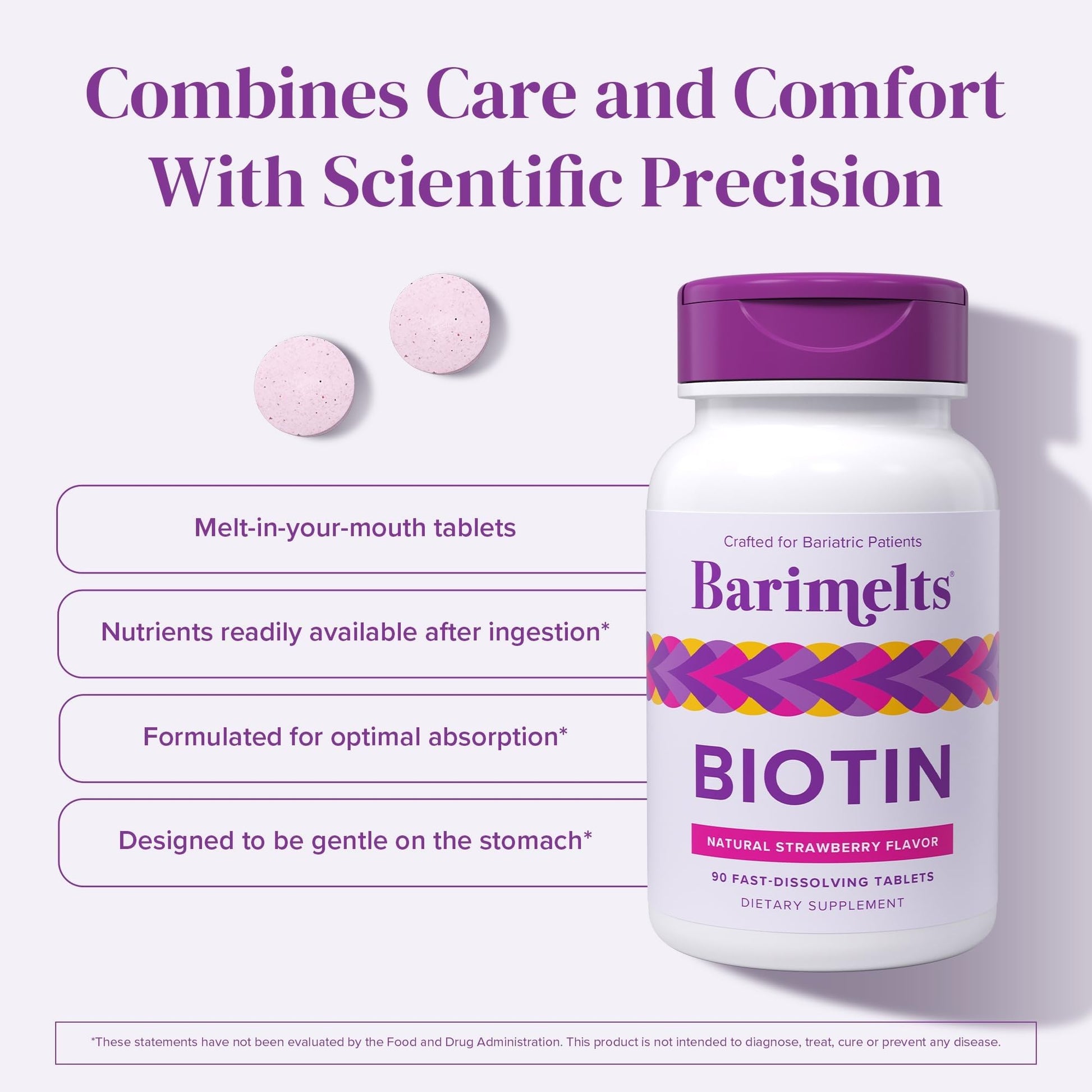 BariMelts strawberry flavor biotin tablets container showing clean ingredients list
