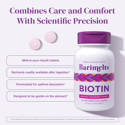 BariMelts strawberry flavor biotin tablets container showing clean ingredients list
