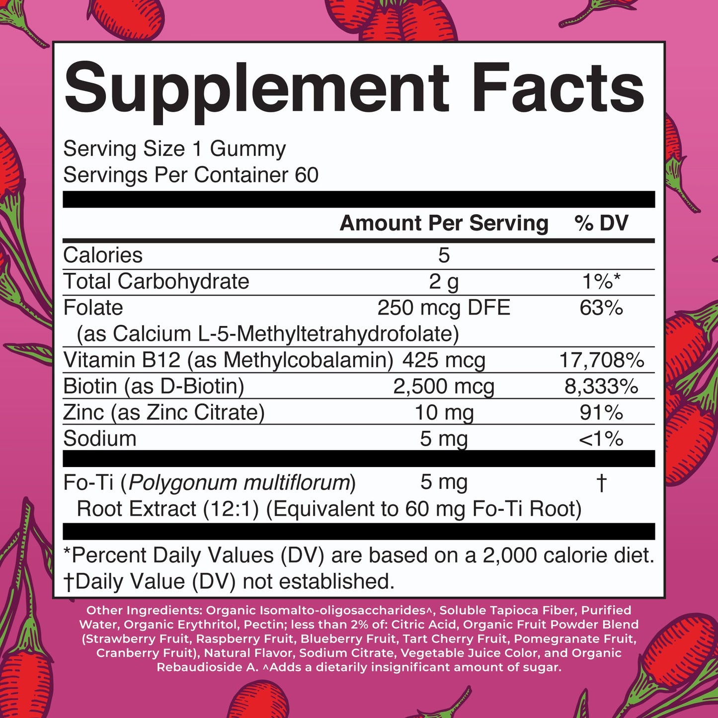 MaryRuth's vegan biotin gummies 2500mcg supplement facts and clean ingredients label