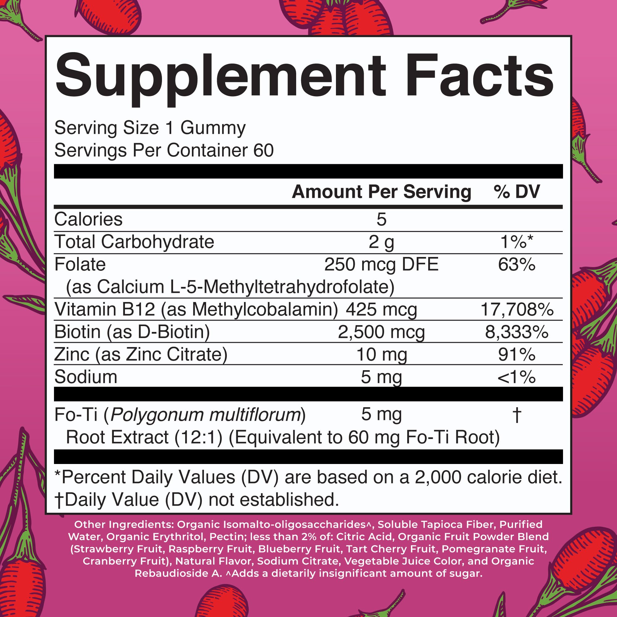 MaryRuth's vegan biotin gummies 2500mcg supplement facts and clean ingredients label