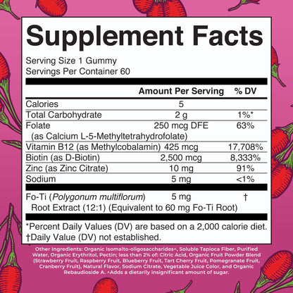 MaryRuth's vegan biotin gummies 2500mcg supplement facts and clean ingredients label