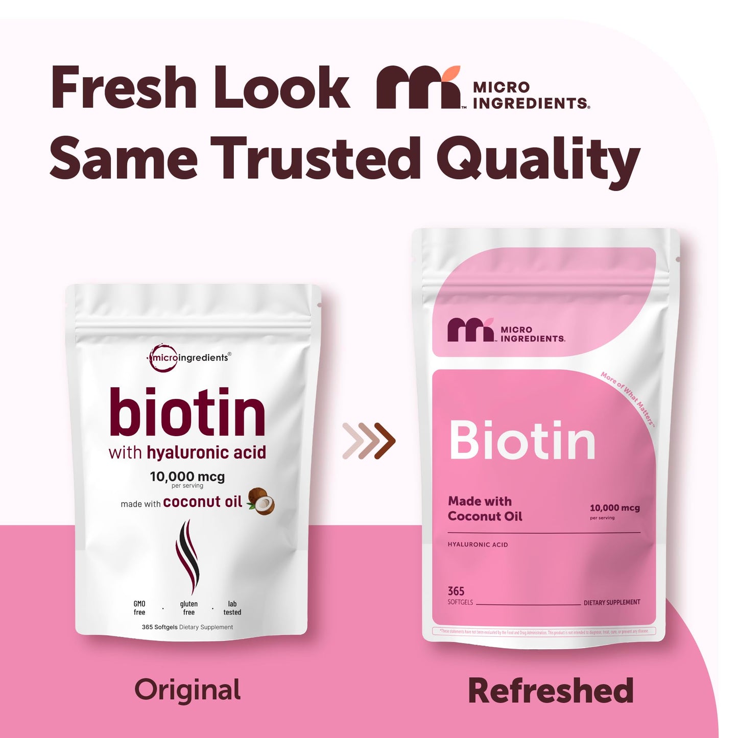 Micro Ingredients Biotin with Hyaluronic Acid 365 softgels packaging showing supplement facts panel.