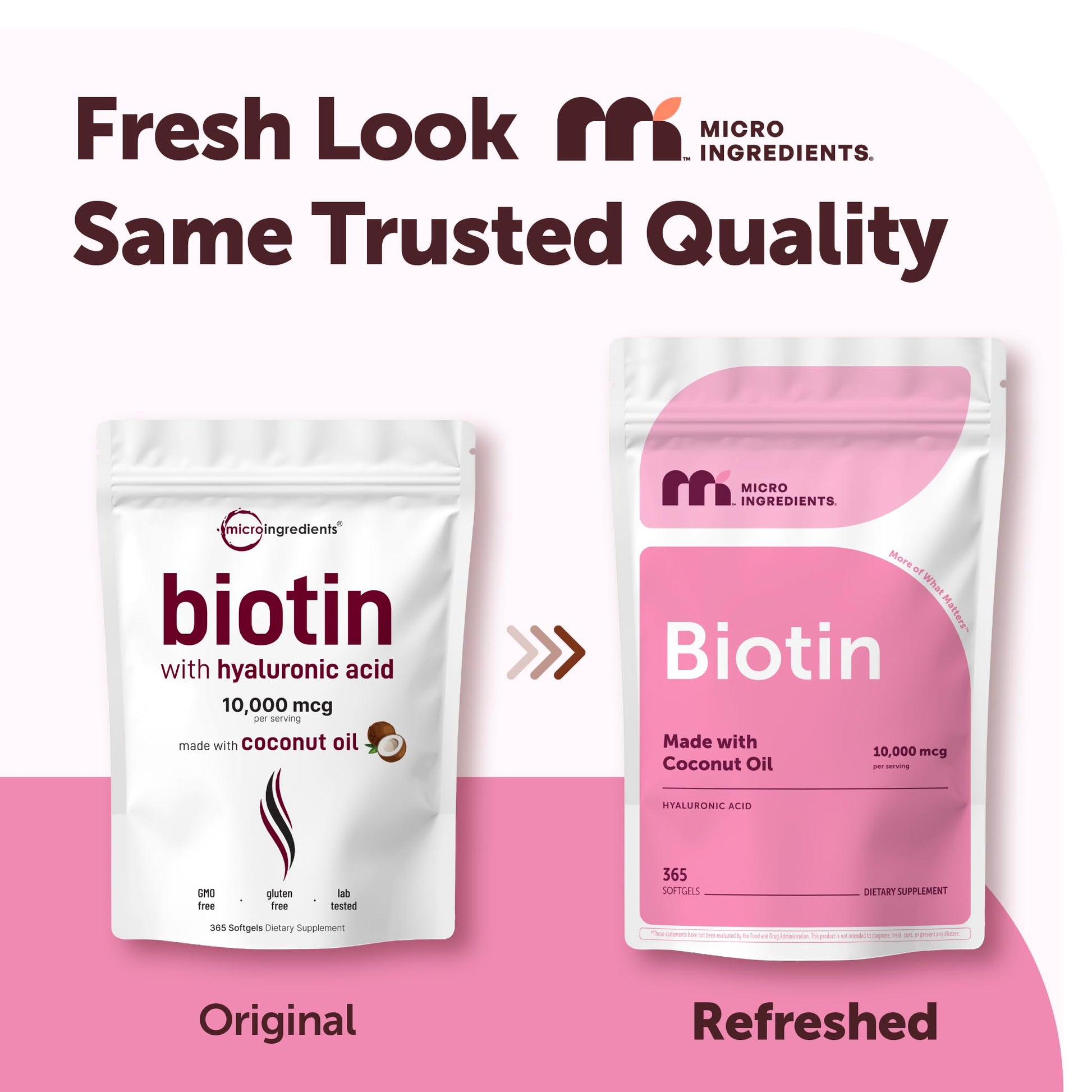 Micro Ingredients Biotin with Hyaluronic Acid 365 softgels packaging showing supplement facts panel.