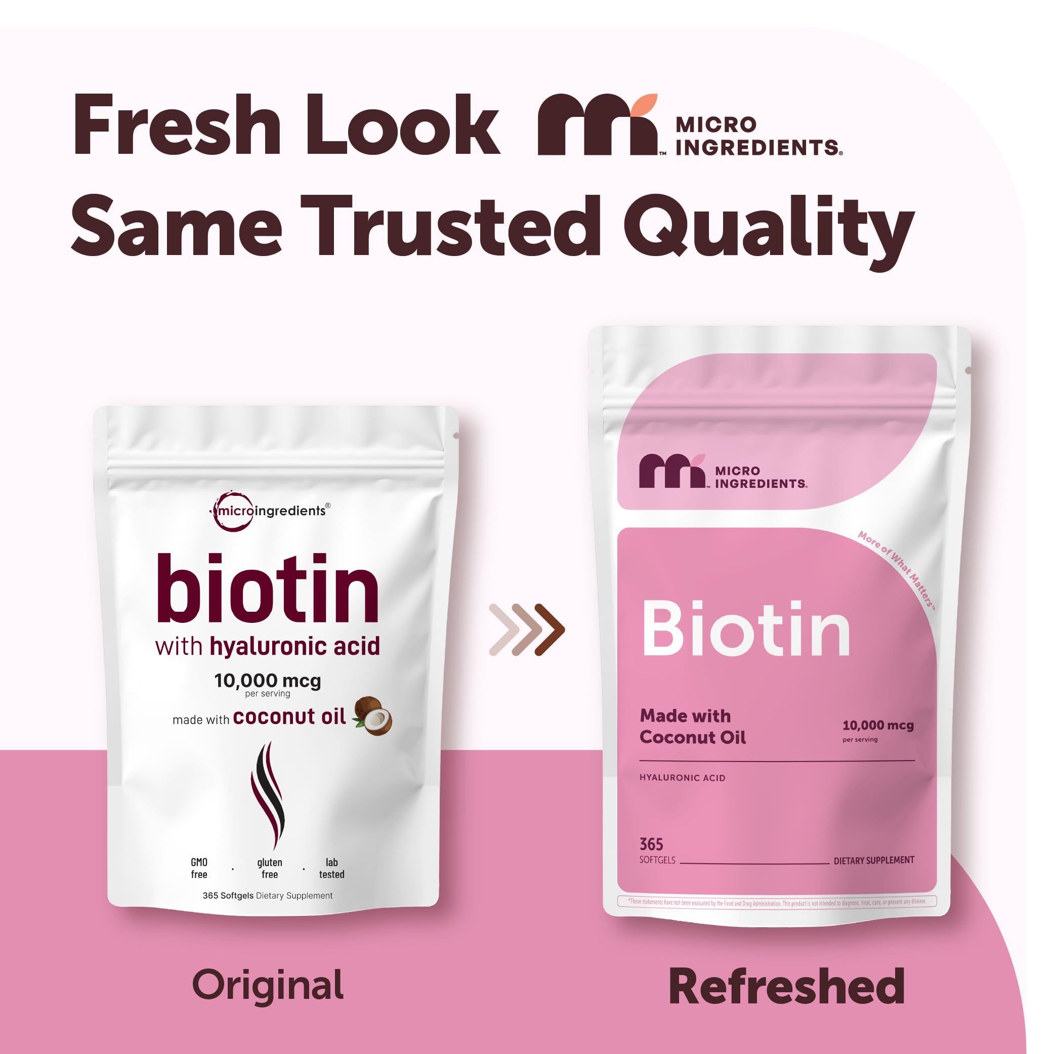 Micro Ingredients Biotin with Hyaluronic Acid 365 softgels packaging showing supplement facts panel.