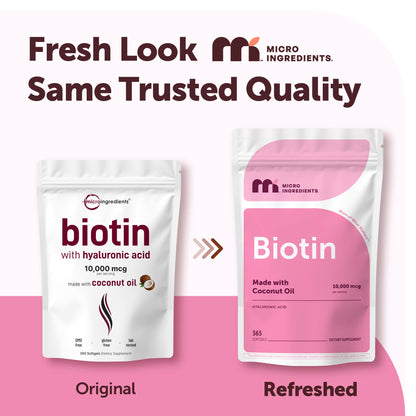 Micro Ingredients Biotin with Hyaluronic Acid 365 softgels packaging showing supplement facts panel.