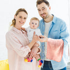 Durable pink and purple muslin cotton cloths showing flat dimensions of 20 by 10 inches for maximum shoulder coverage.