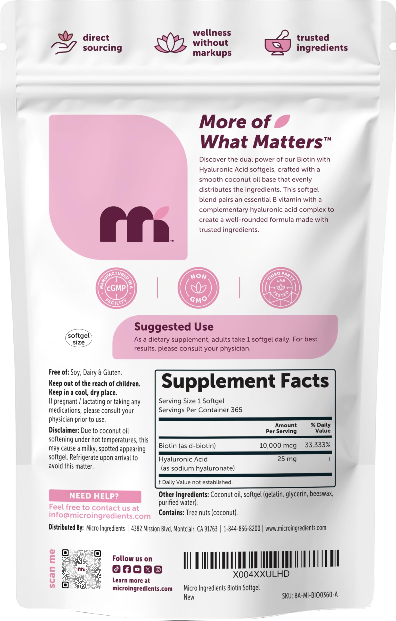 Micro Ingredients Biotin with Hyaluronic Acid softgel on a clean surface illustrating capsule size.