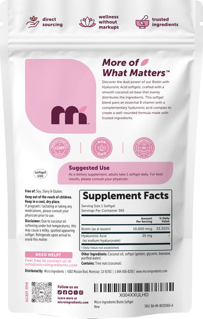 Micro Ingredients Biotin with Hyaluronic Acid softgel on a clean surface illustrating capsule size.
