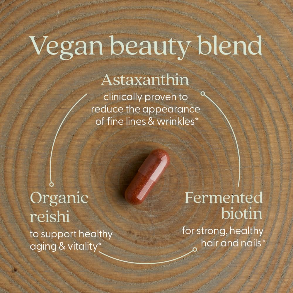 Side profile of New Chapter hair skin and nails supplement showing organic certification symbols and clean formula icons