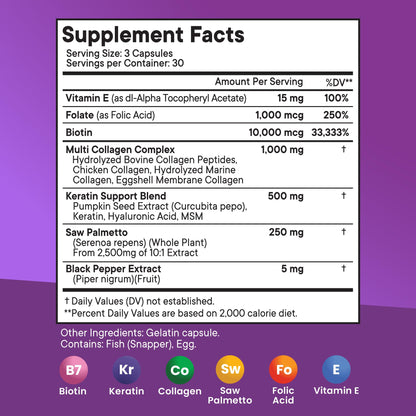 NEW AGE hair growth vitamins bottle side panel displaying the full supplement facts and ingredients list