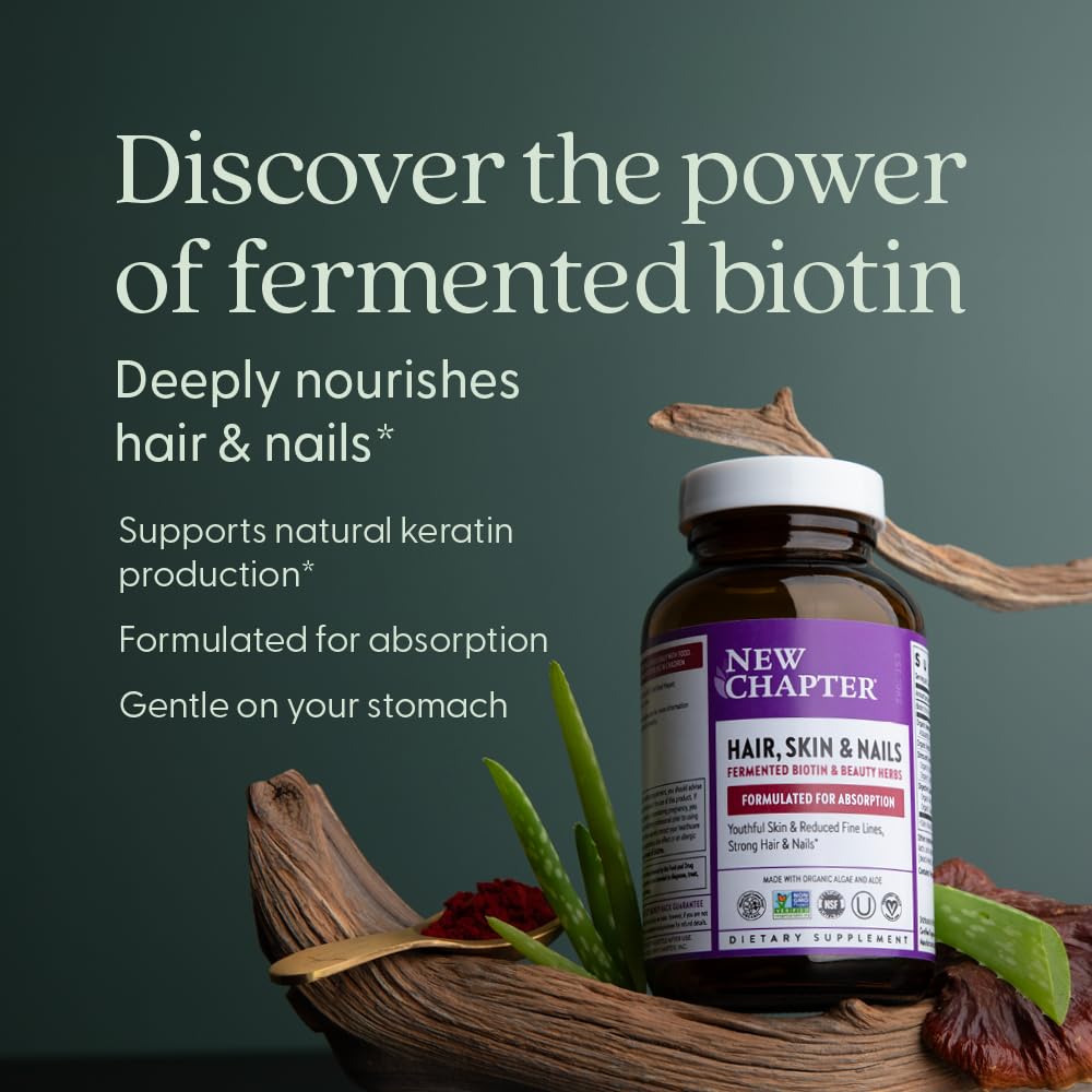 Close up view of the small easy to swallow vegan biotin tablets alongside the New Chapter packaging