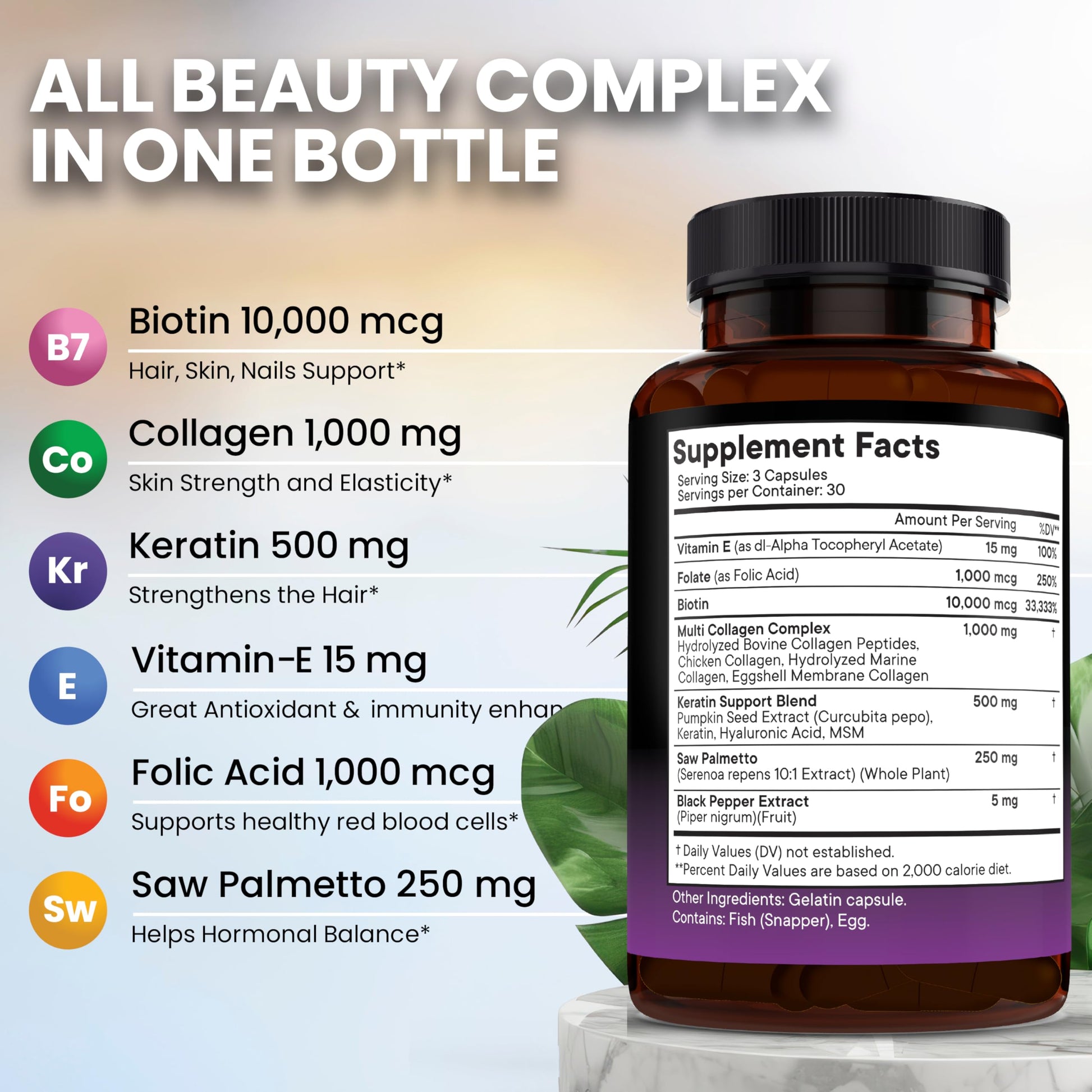 Close up of the non GMO and gluten free certification stamps on the NEW AGE hair supplement packaging