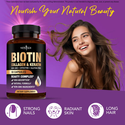 NEW AGE beauty complex capsules displayed next to the authentic branded packaging bottle