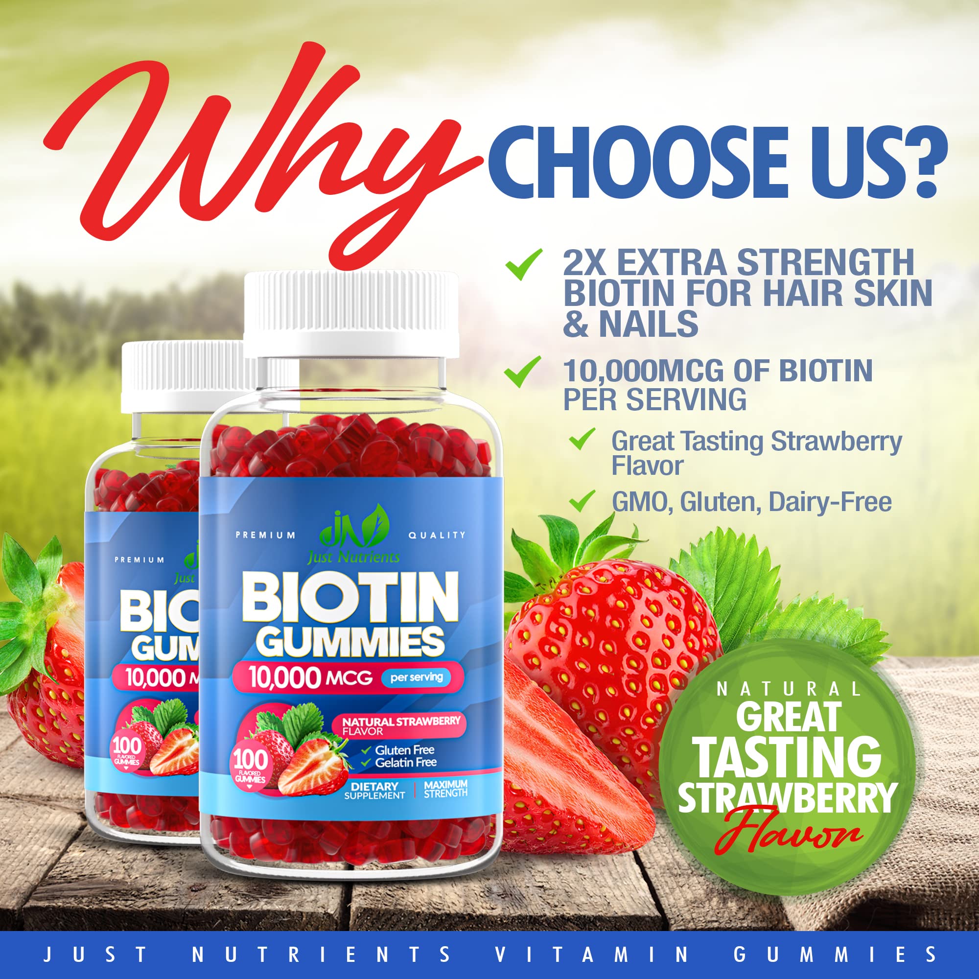 Just Nutrients maximum strength strawberry hair supplement packaging details
