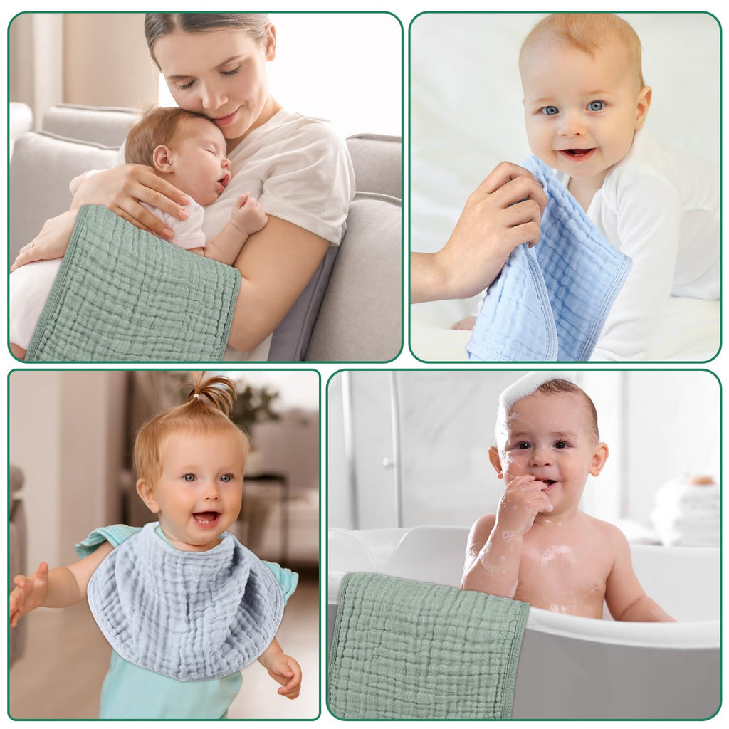 Close up texture of soft absorbent cotton baby burping rags draped over a shoulder.