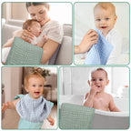 Close up texture of soft absorbent cotton baby burping rags draped over a shoulder.