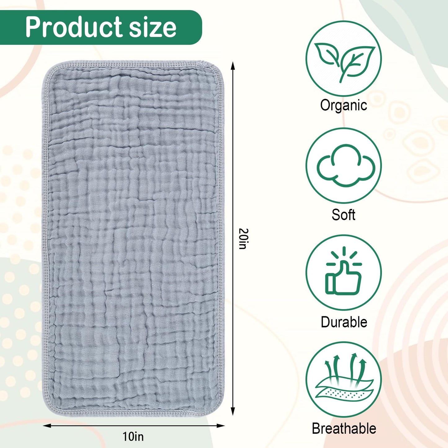 Ten pieces of gender neutral multi-layer muslin cloths neatly folded together.