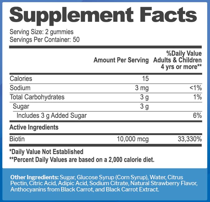 Just Nutrients double strength biotin chewable vitamins ingredient facts label