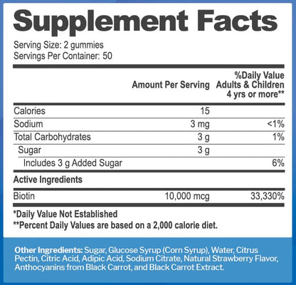 Just Nutrients double strength biotin chewable vitamins ingredient facts label