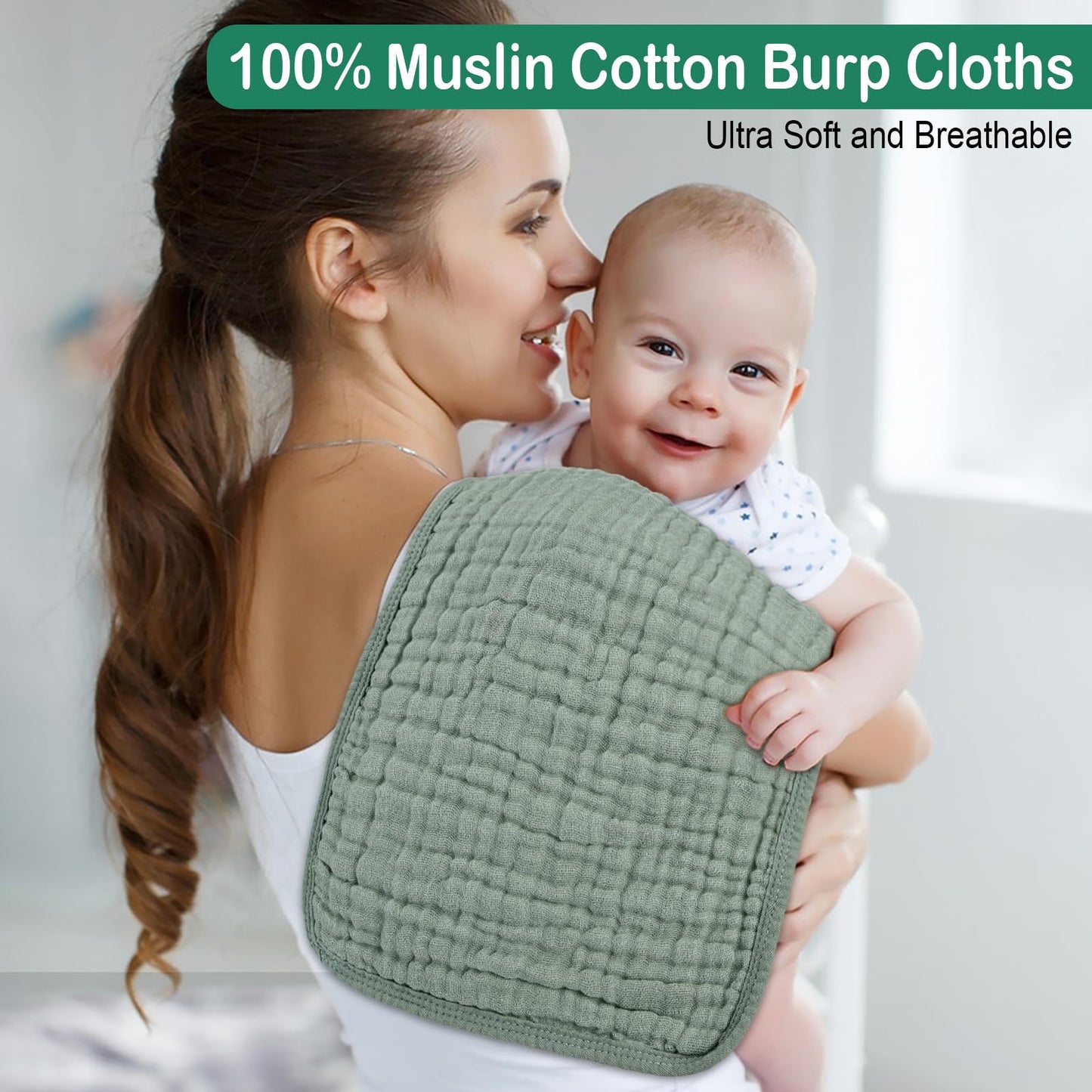 Durable reinforced edge stitching detail on premium imported baby spit up cloths.