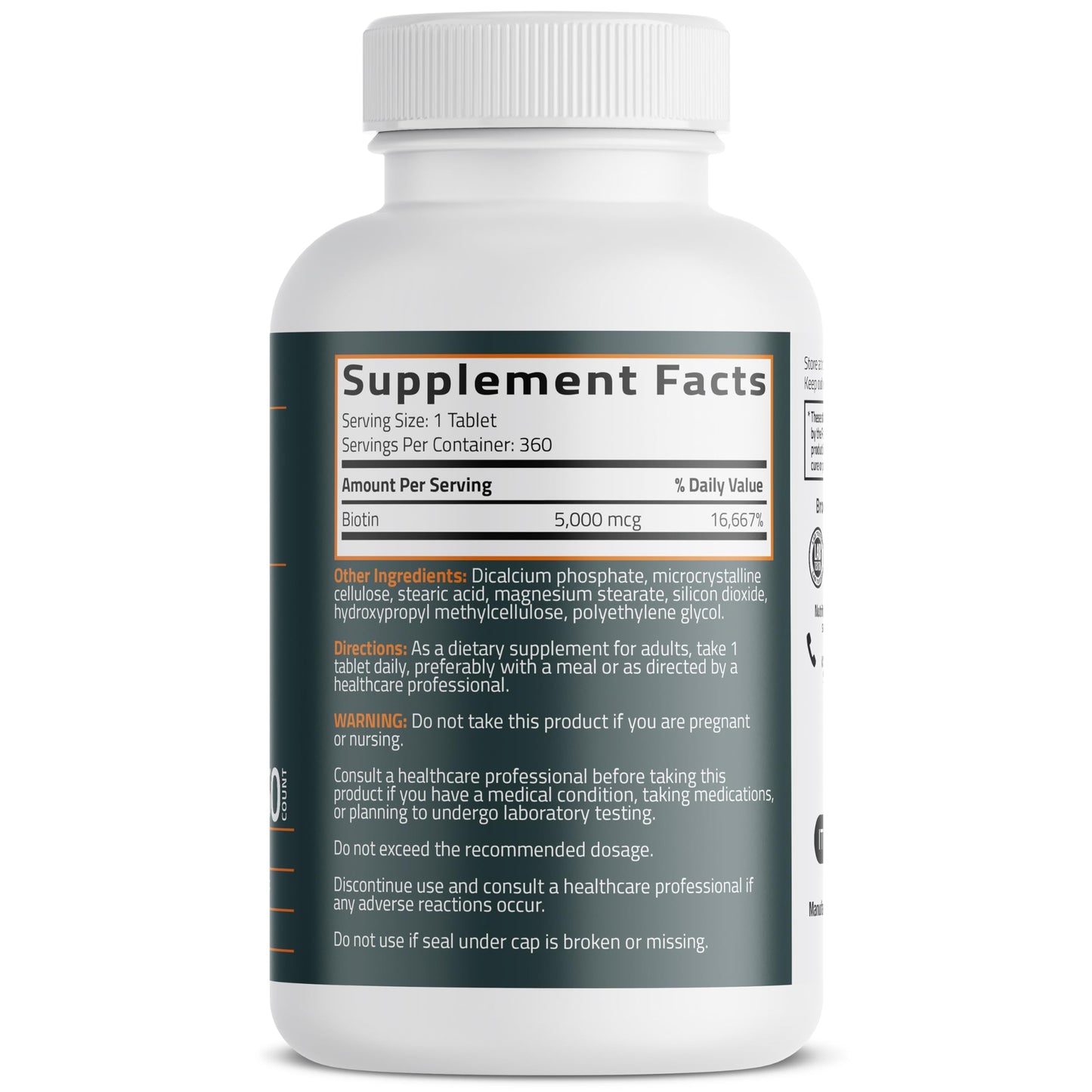 Bronson Basics Biotin 5000 mcg supplement bottle showing nutrition facts and clean vegetarian labels