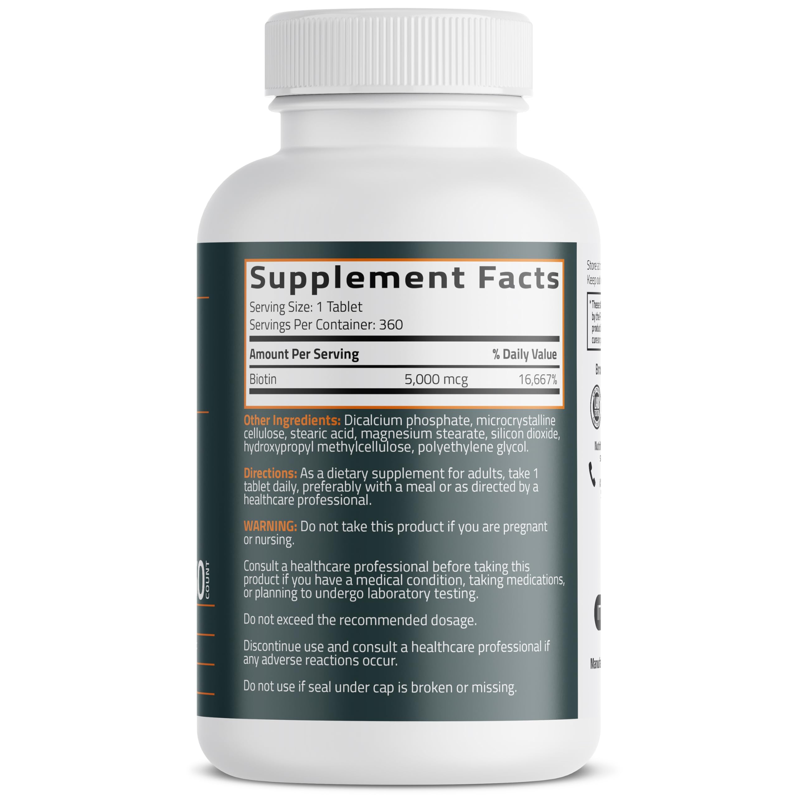 Bronson Basics Biotin 5000 mcg supplement bottle showing nutrition facts and clean vegetarian labels