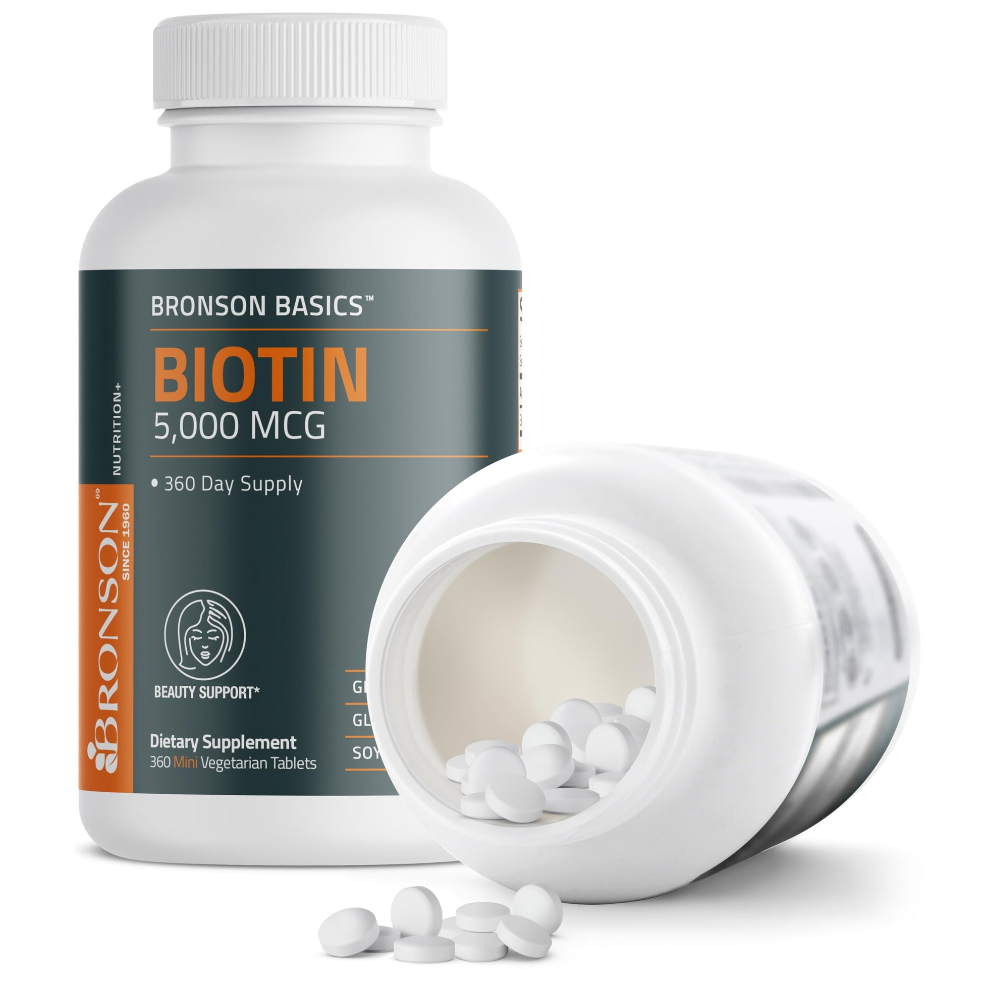 Side view of non GMO gluten free Bronson Biotin 5000 mcg one year supply bottle