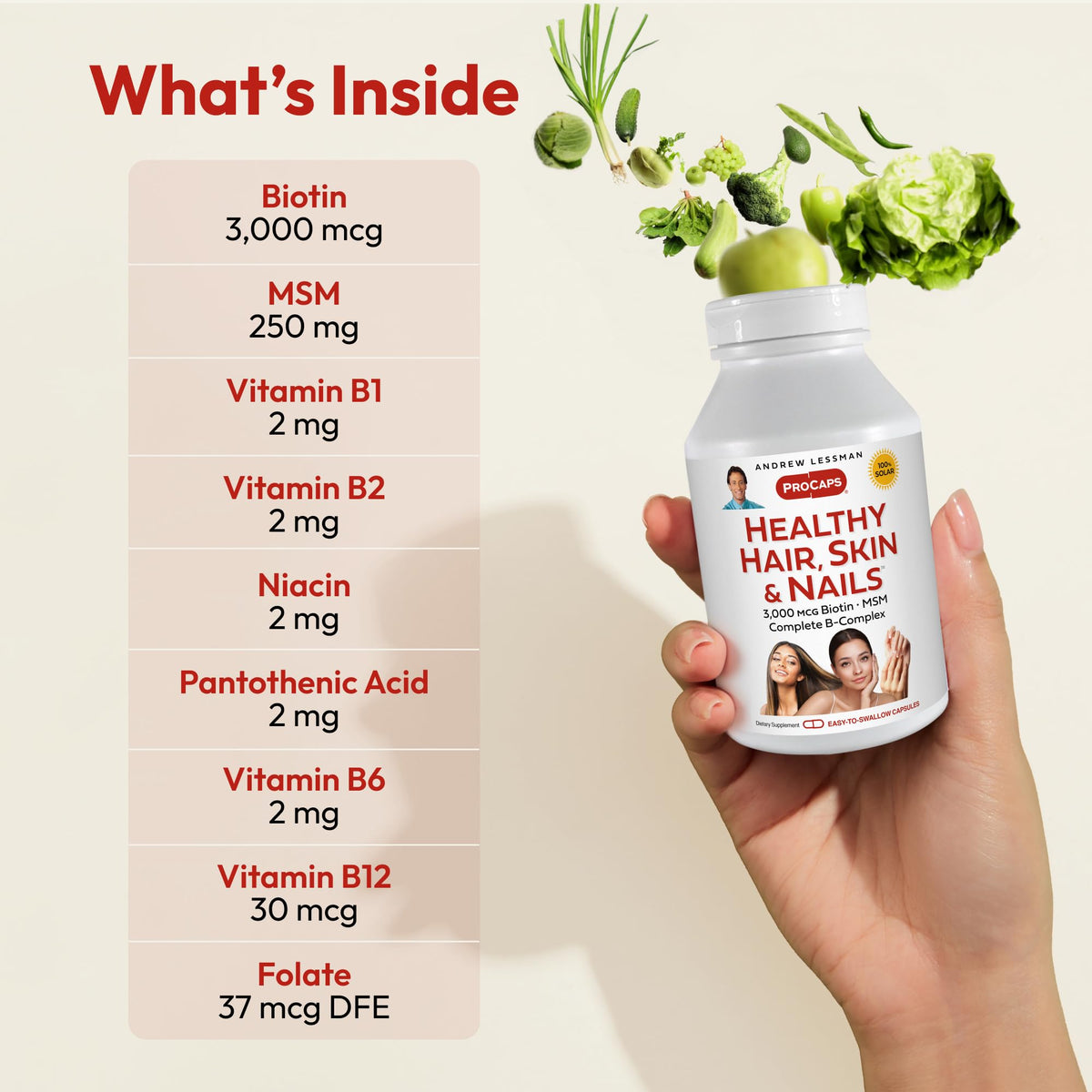 Side view of Andrew Lessman hair skin and nails supplement showing 100 percent recyclable packaging