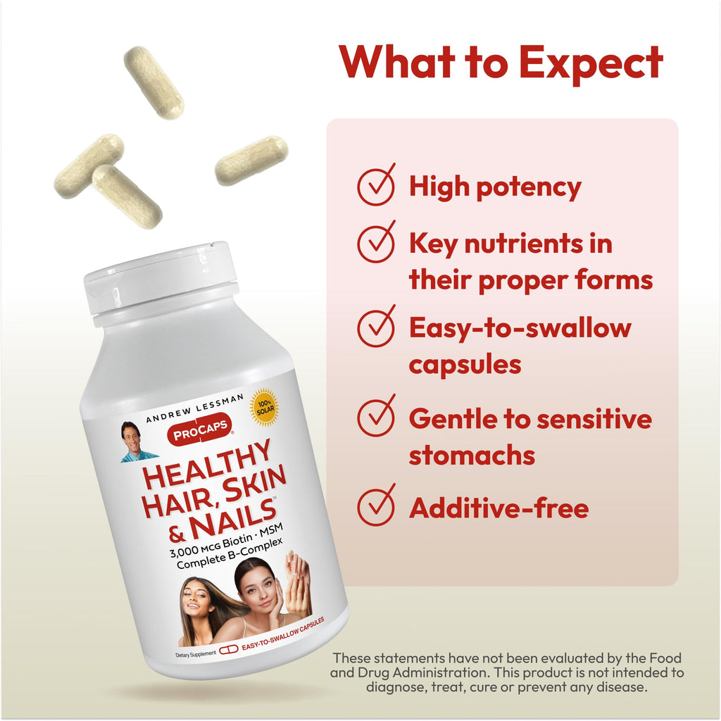 Andrew Lessman biotin 60 capsules showcasing easy to swallow capsule form factor