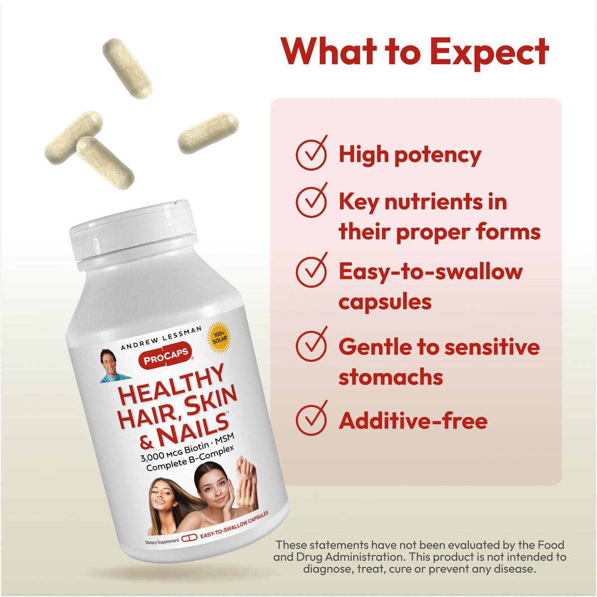 Andrew Lessman biotin 60 capsules showcasing easy to swallow capsule form factor
