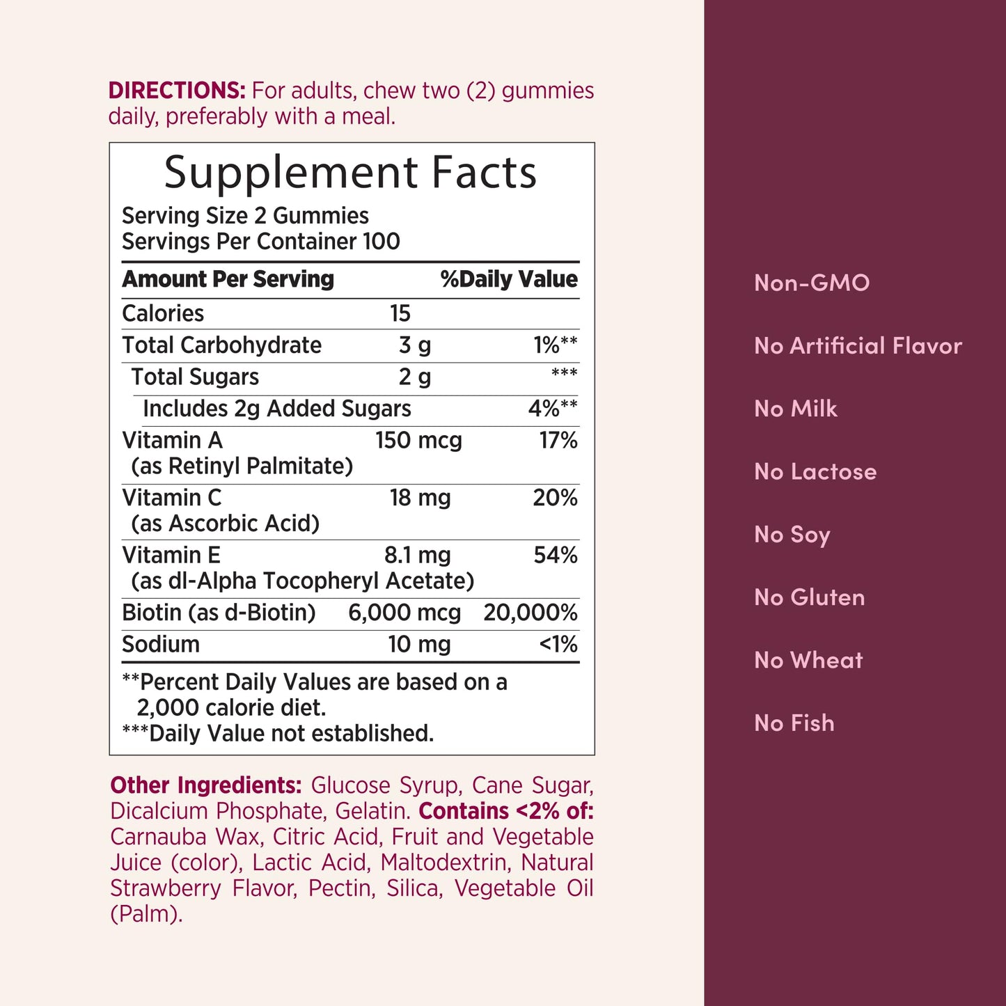 Authentic USA imported biotin gummies for skin health showing nutrition facts label