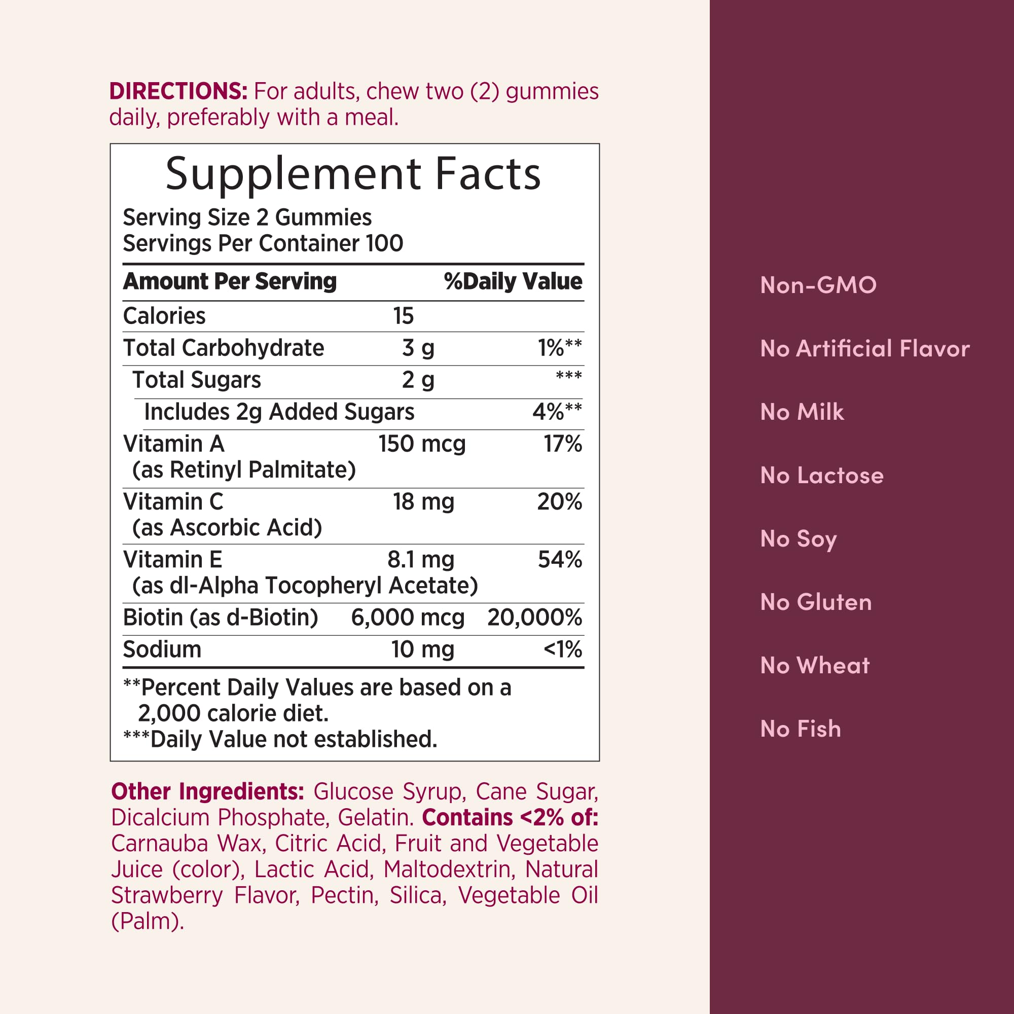 Authentic USA imported biotin gummies for skin health showing nutrition facts label