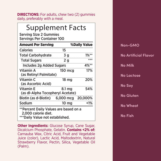 Authentic USA imported biotin gummies for skin health showing nutrition facts label