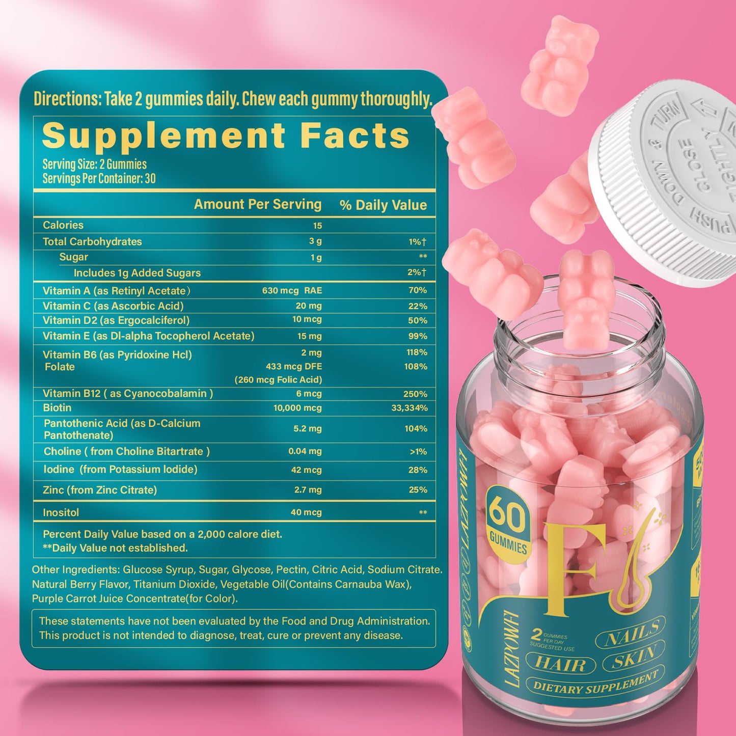 Two raspberry flavored vegan biotin gummies highlighting texture and daily serving size
