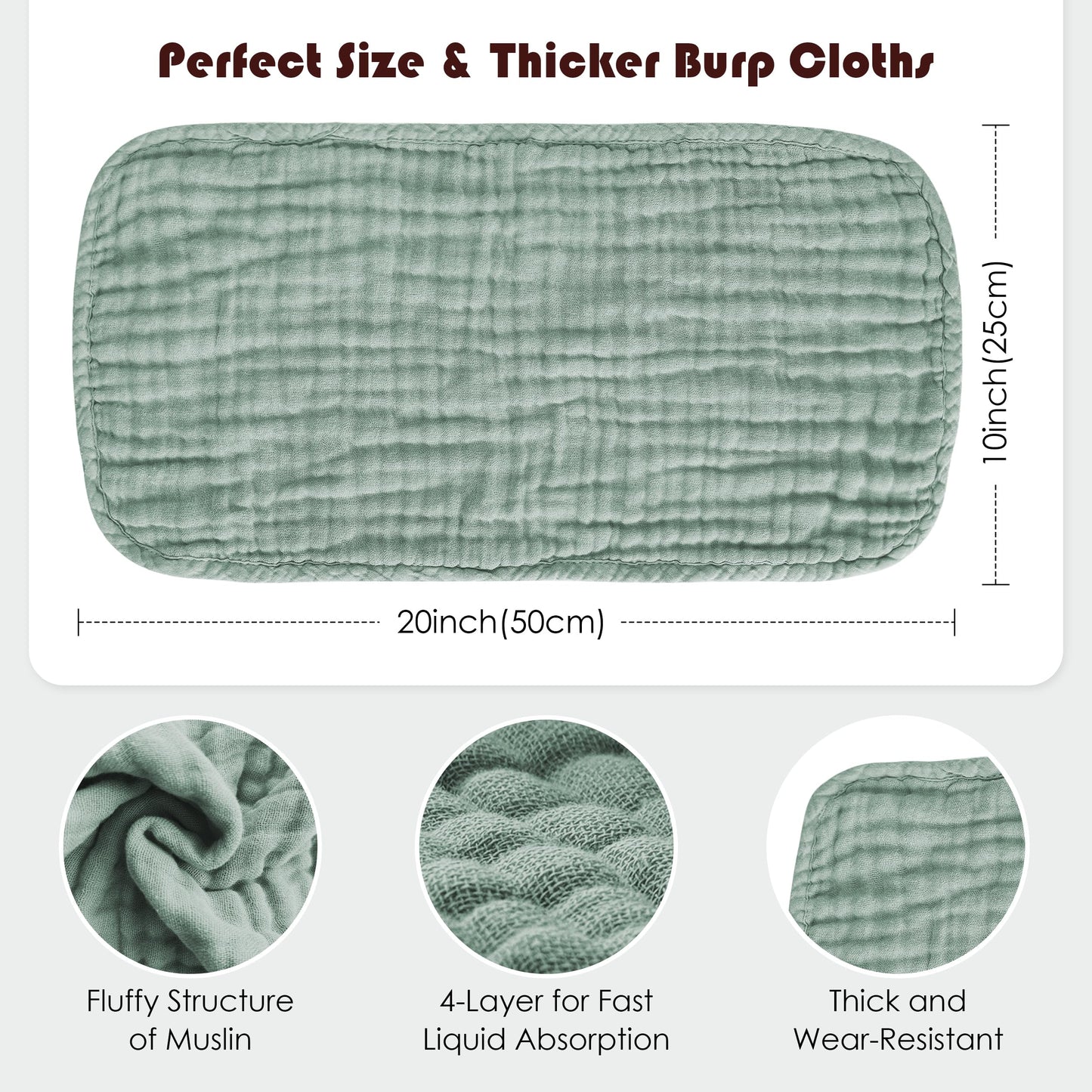 Demonstration of the large twenty by ten inch shoulder coverage of the cotton burp cloth.