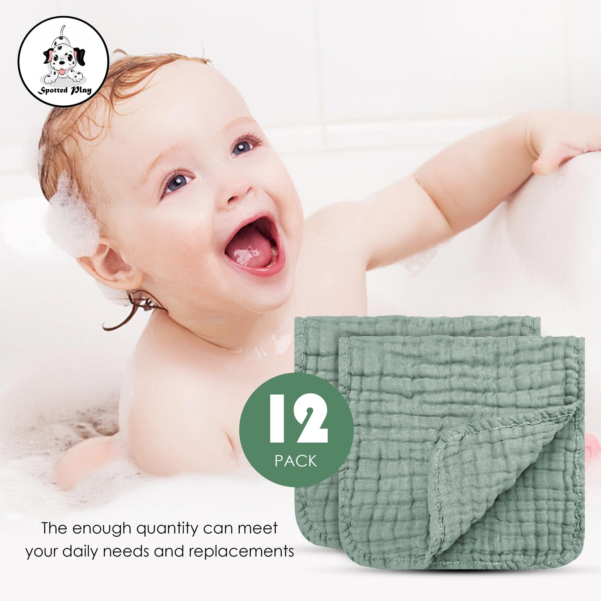 Spotted Play pure cotton newborn washcloths showing the durable reinforced stitched edges.