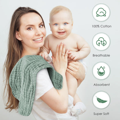 Breathable and gentle green muslin cloth being used as a versatile daily baby face wipe.
