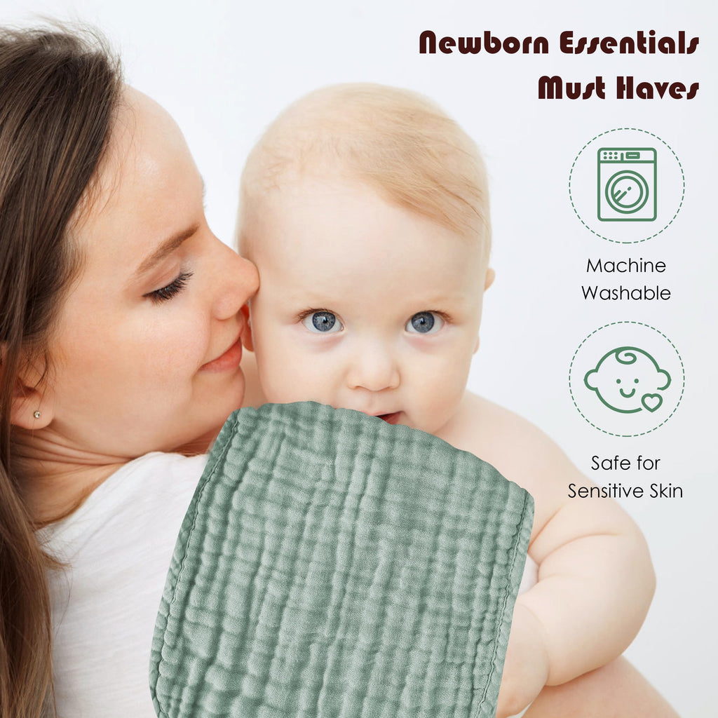 Premium packaging of the imported twelve piece cotton baby burp cloth set for boys and girls.