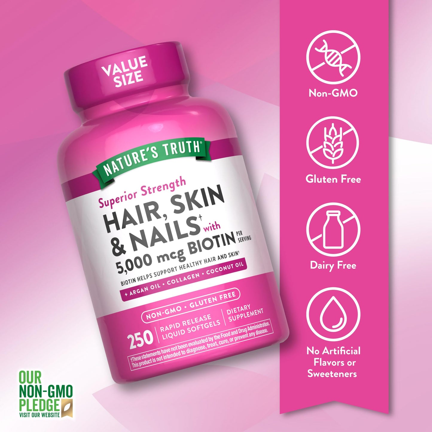 Nature's Truth rapid release liquid softgels for hair growth on white surface