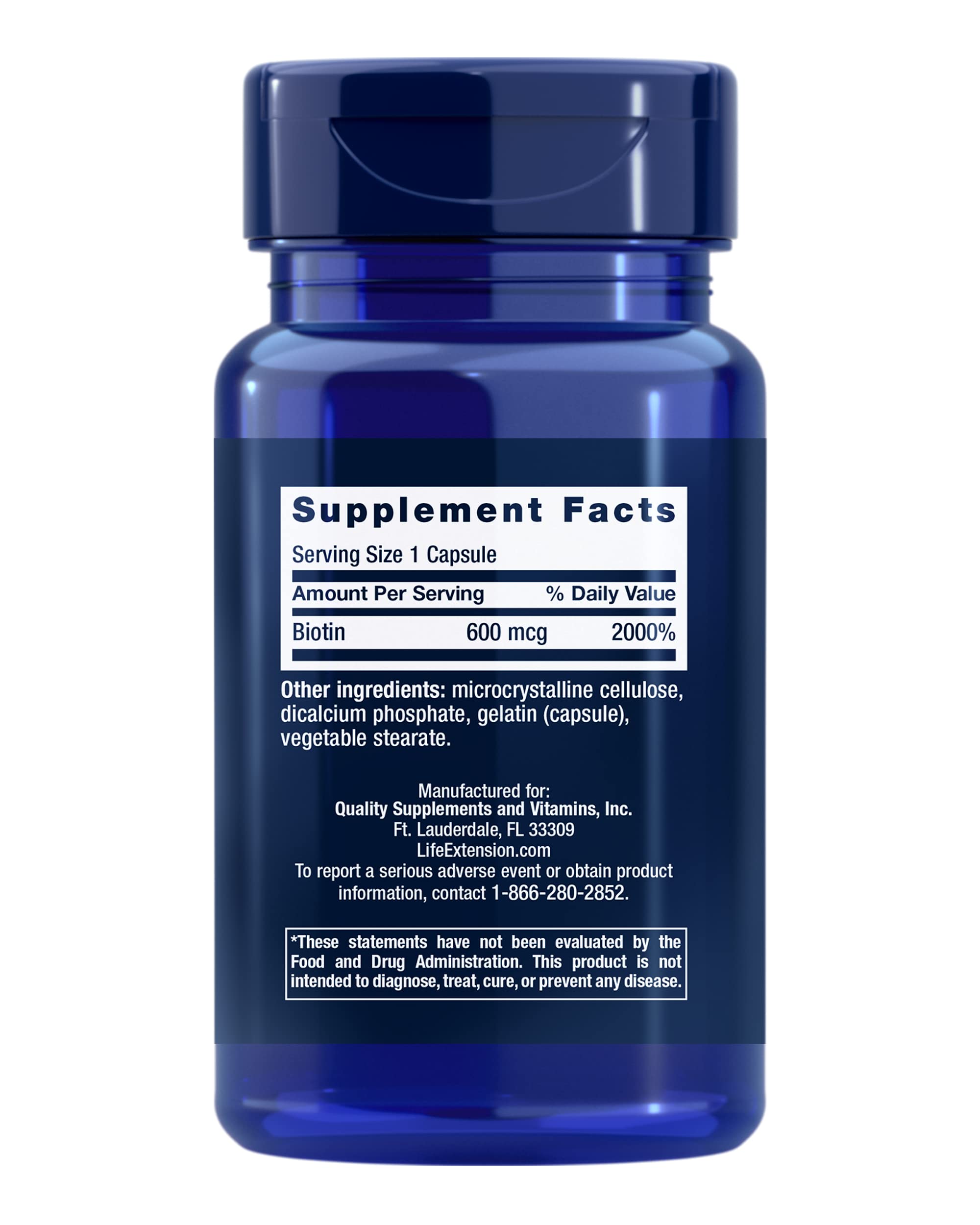 Life Extension Vitamin B7 100 vegetarian capsules supplement facts label