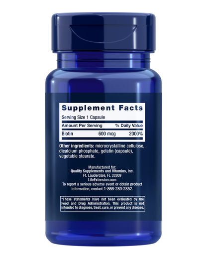Life Extension Vitamin B7 100 vegetarian capsules supplement facts label