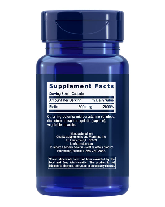 Life Extension Vitamin B7 100 vegetarian capsules supplement facts label