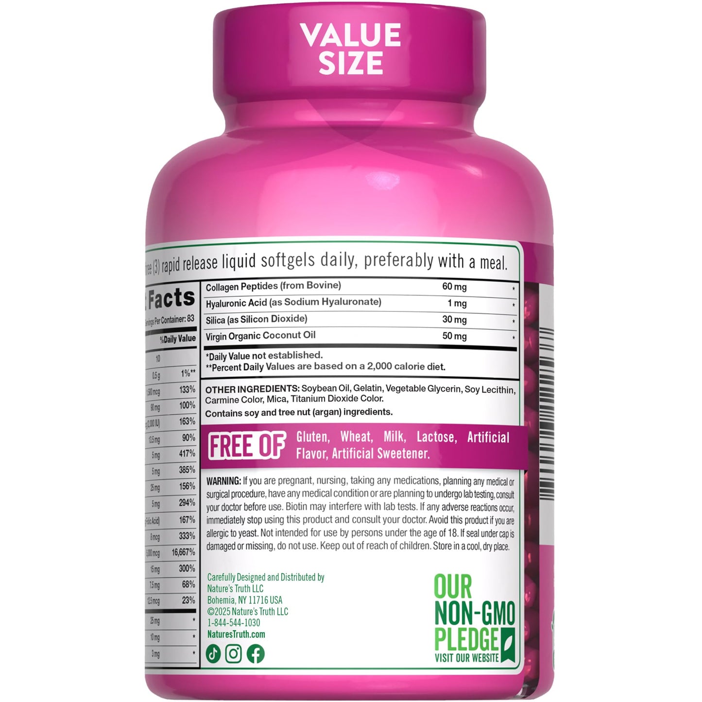 Nature's Truth premium argan oil and coconut oil infused vitamins nutritional panel