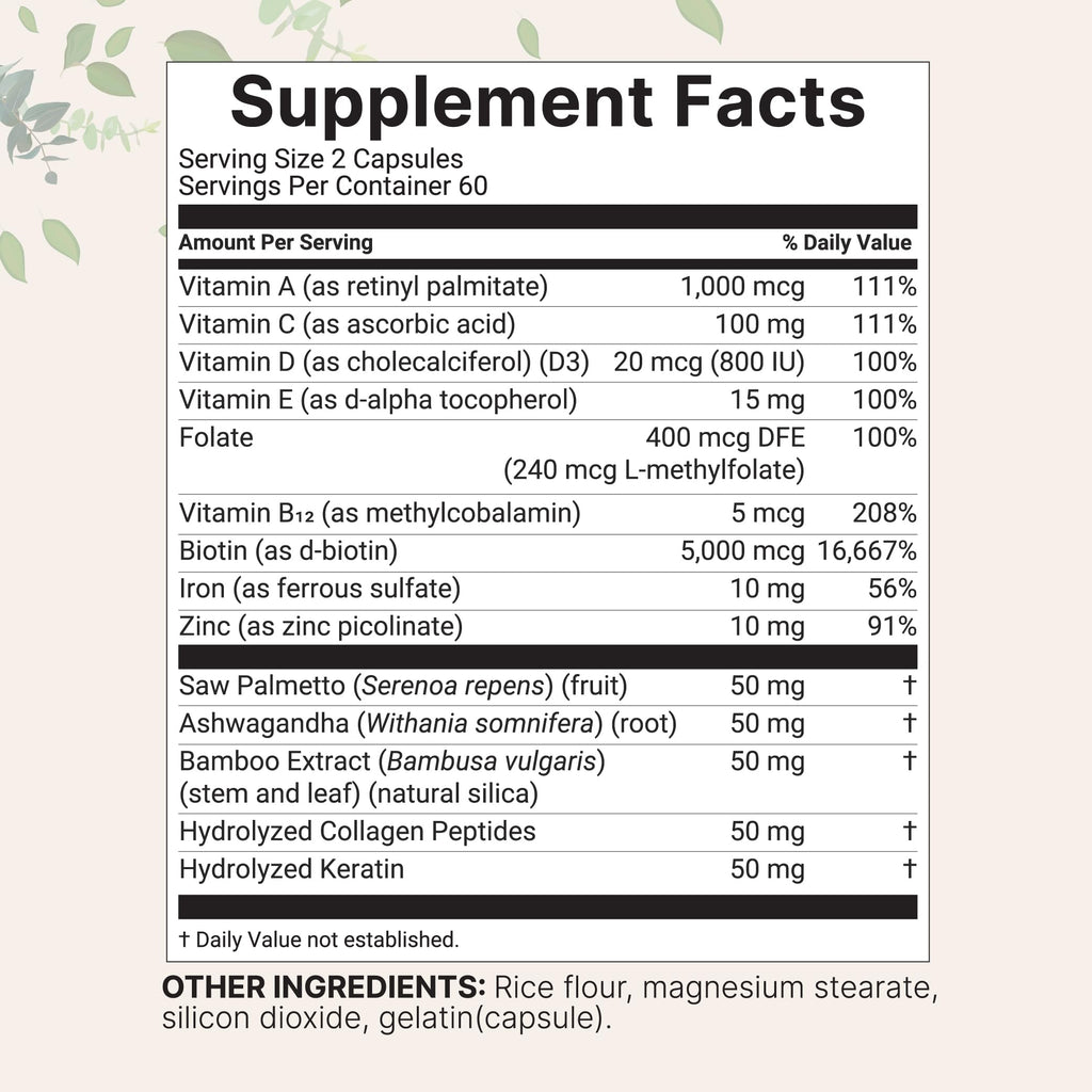 Micro Ingredients Hair Supplements bottle highlighting 5,000 mcg biotin and hydrolyzed collagen benefits