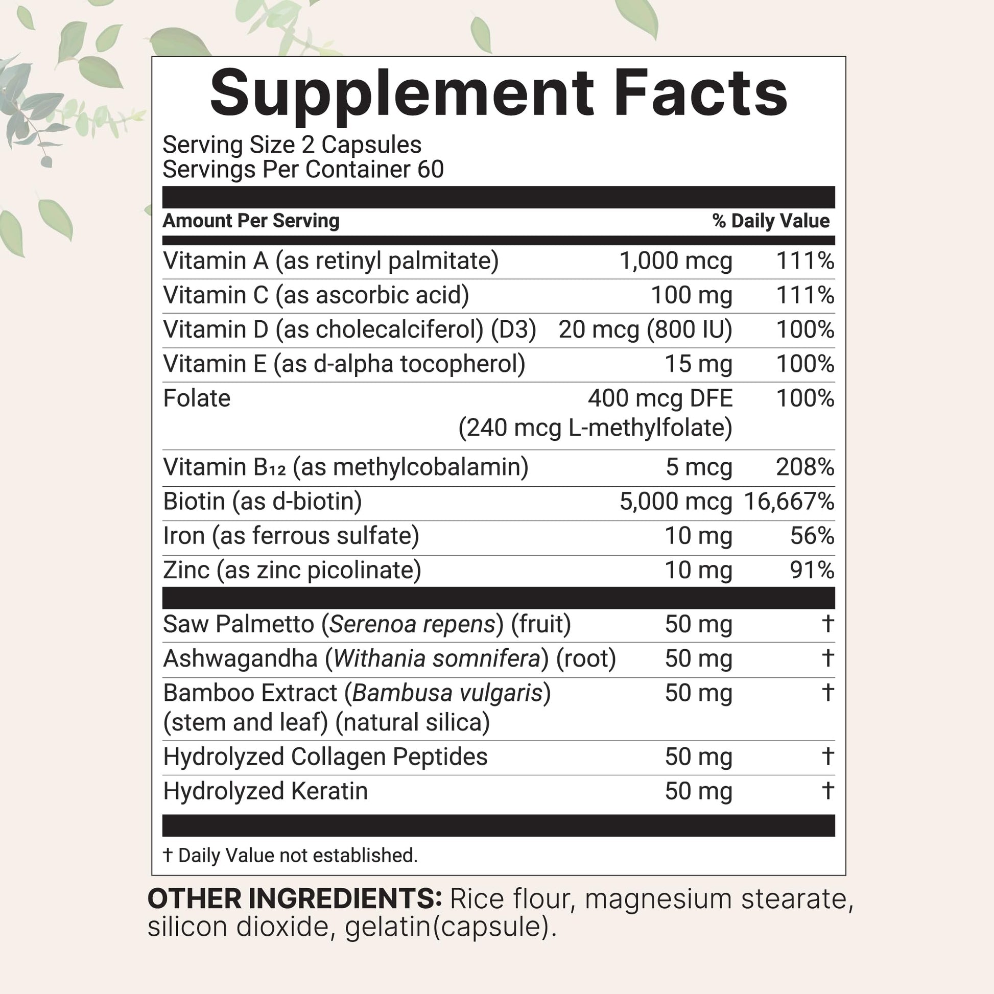 Micro Ingredients Hair Supplements bottle highlighting 5,000 mcg biotin and hydrolyzed collagen benefits