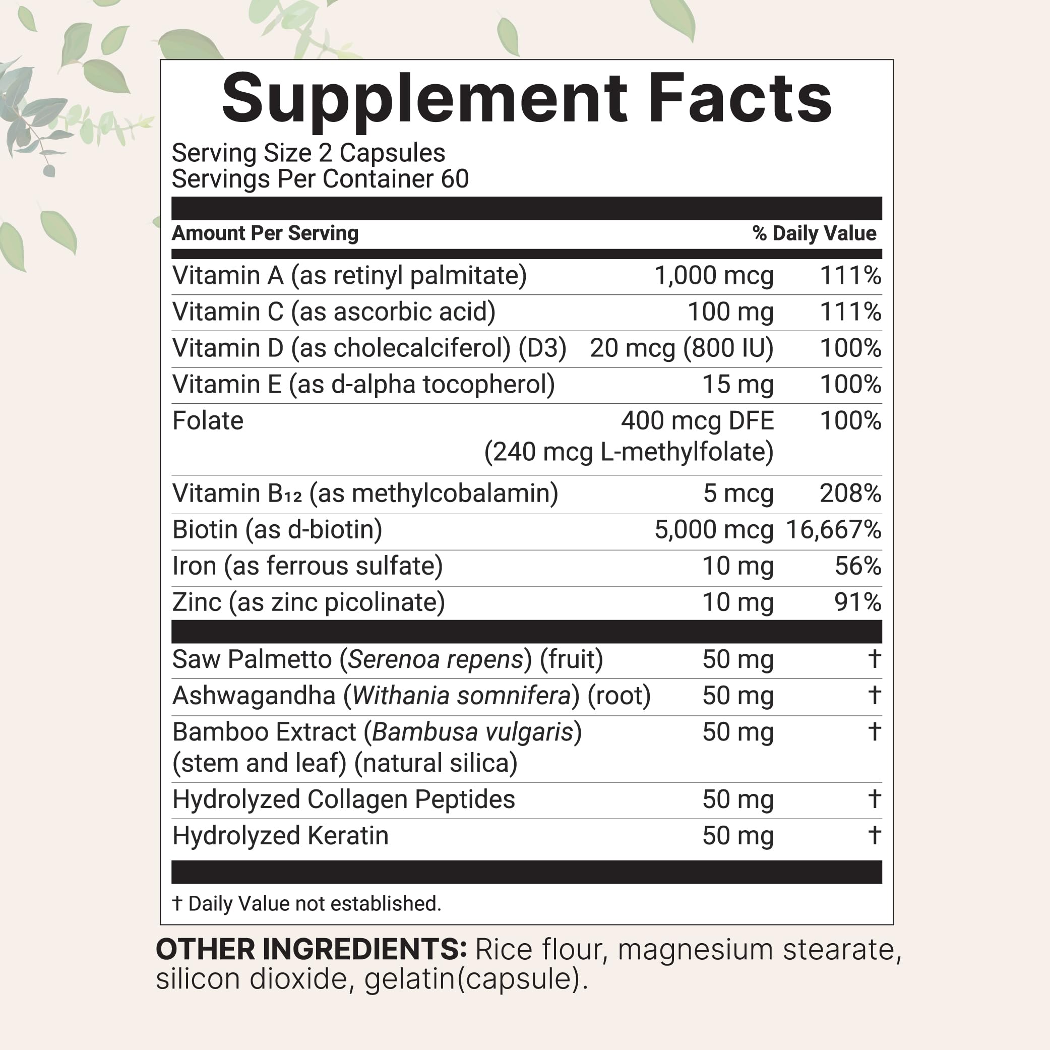 Micro Ingredients Hair Supplements bottle highlighting 5,000 mcg biotin and hydrolyzed collagen benefits