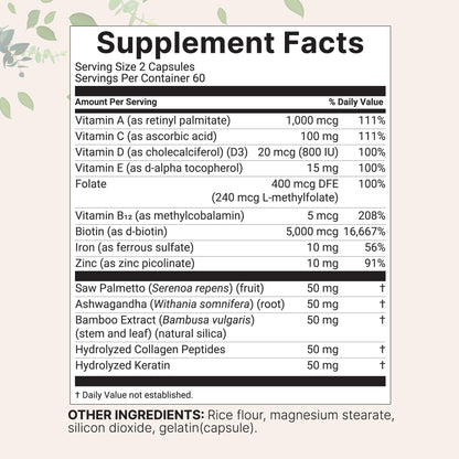 Micro Ingredients Hair Supplements bottle highlighting 5,000 mcg biotin and hydrolyzed collagen benefits